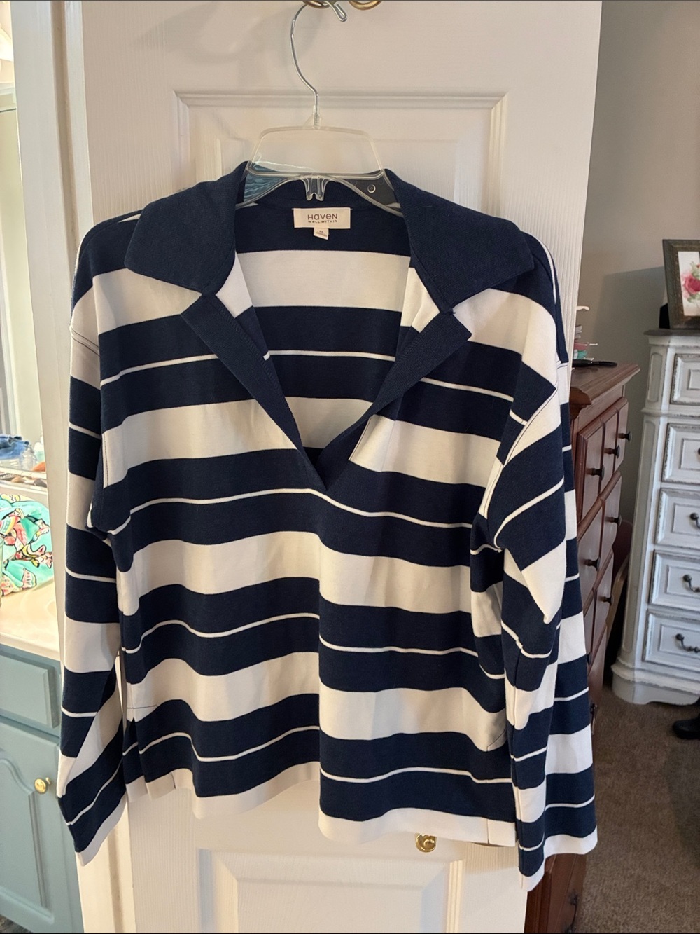 Talbots Haven Well Within Navy Striped Organic Cotton Pullover SZ M